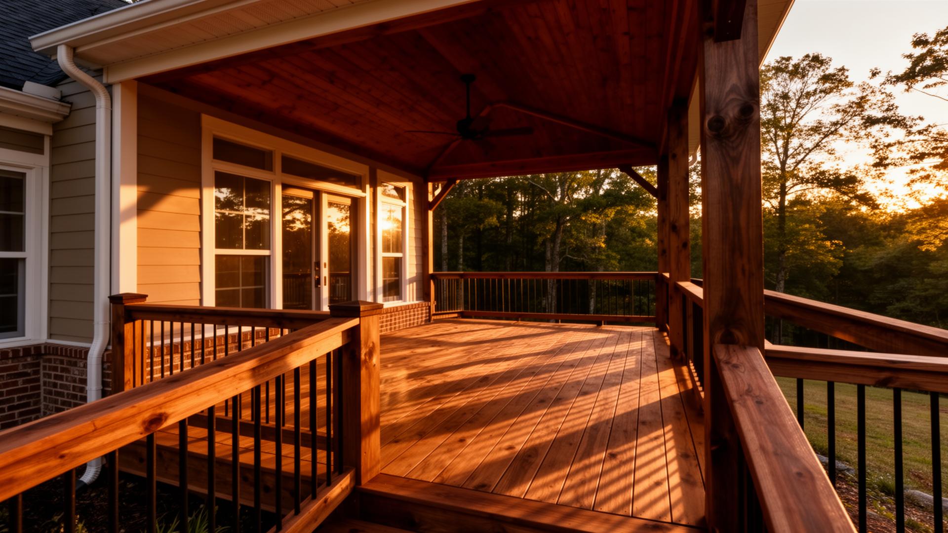 Custom wooden deck and covered porch at golden hour in Nashville